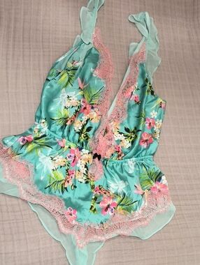 Victoria's Secret Teal Floral Lace Satin Romper with Pink Trim